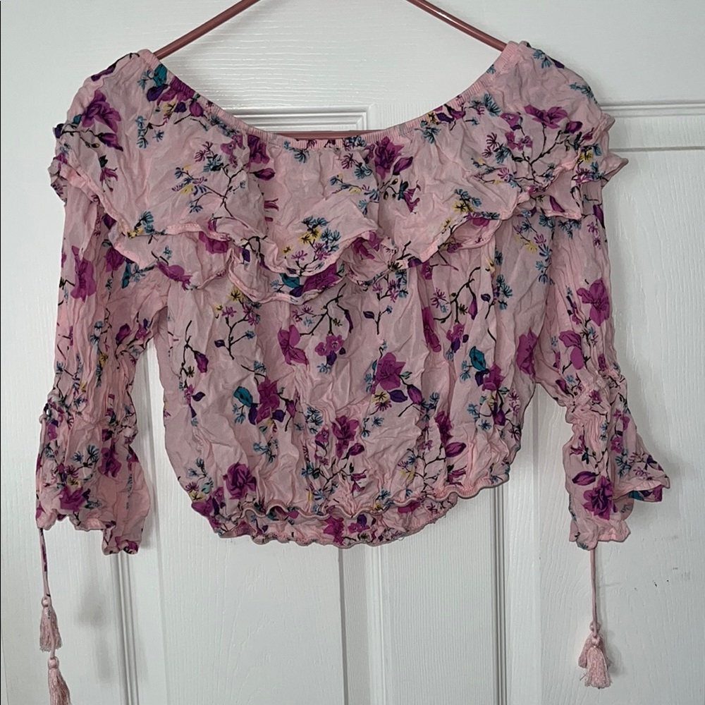 Floral Pink Ruffle Women's off the shoulder Crop top